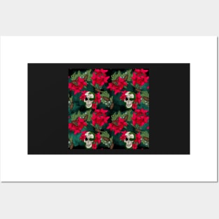 Gothic Pagan Holiday Skulls, Snakes, and Poinsettia Black and Evergreen Posters and Art